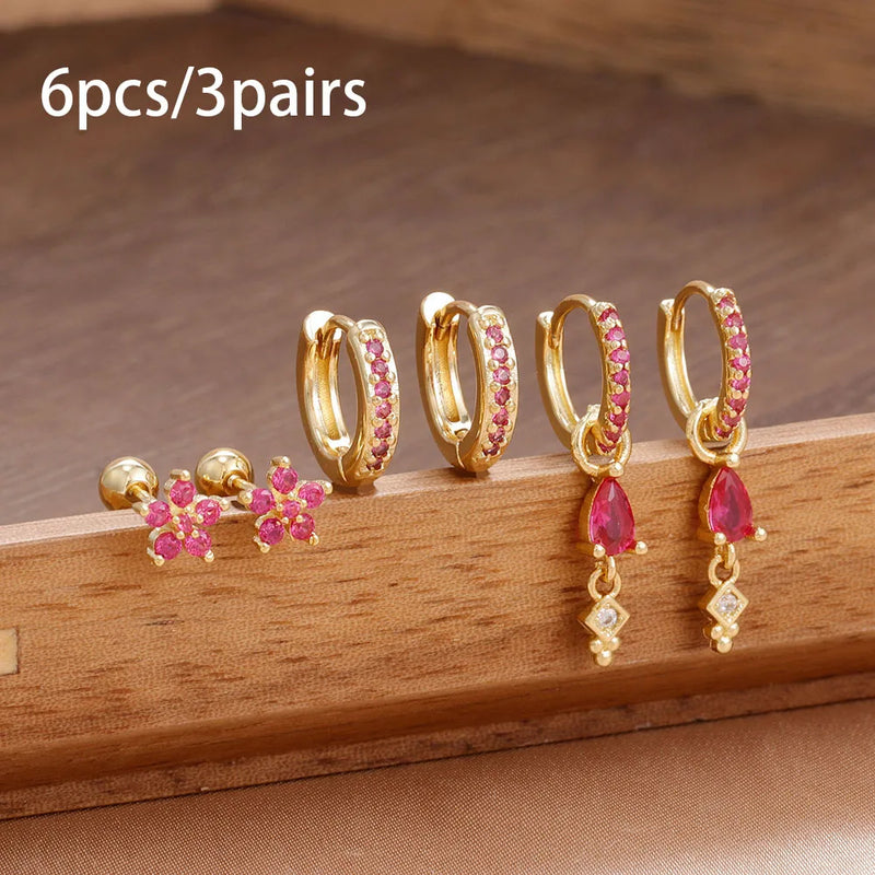 Danoz JewelrySmart - 6pcs Luxury Rose Red Zircon Stainless Steel Water Drop Hoop Earring For Women 14K Gold Plated Huggie Women's Piercing Jewelry