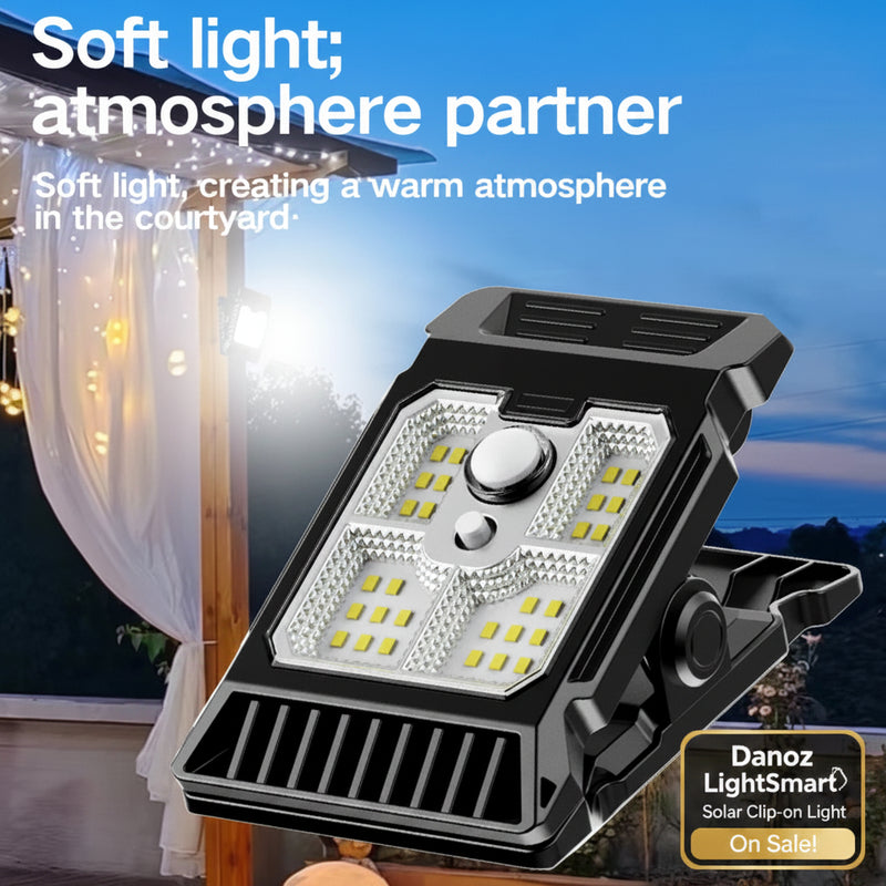 Solar light fixture with text about soft light creating a warm atmosphere in a courtyard.