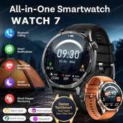 Promotional graphic for an all-in-one smartwatch, labeled WATCH 7, showing a large black smartwatch with a dark display and a smaller orange-brown smartwatch at lower right. Text highlights features including Bluetooth calling, smart notifications, heart rate monitoring, health monitoring, blood oxygen monitoring, alarm clock, voice assistant, and weather forecast.