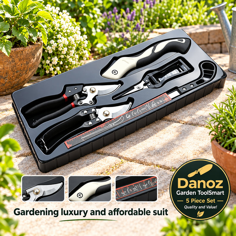Set of gardening shears in a black case with text 'Gardening luxury and affordable suit'.