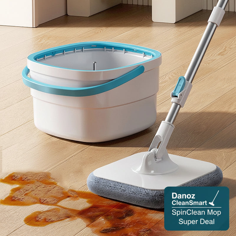 Mop and bucket set on a wooden floor with cleaning solution spilled.