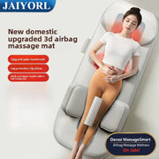 Woman using a 3D airbag massage mat with text highlighting features on a white background