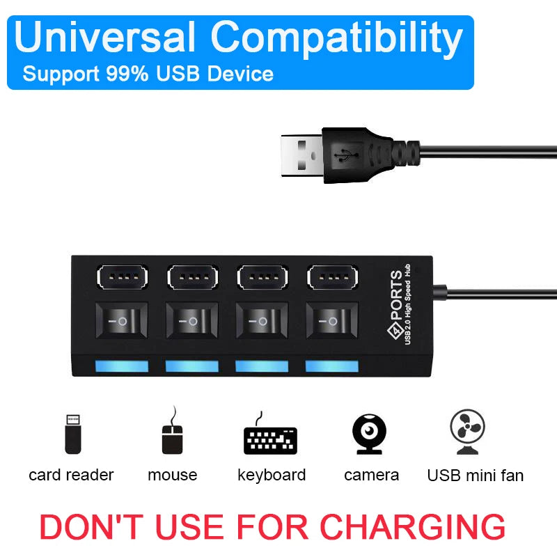 Danoz Smart - High Speed 4/7 Ports USB HUB 2.0 Adapter Expander Multi USB Splitter Multiple Extender with LED Lamp Switch for PC Laptop - Buy 1 Get 1 Free!