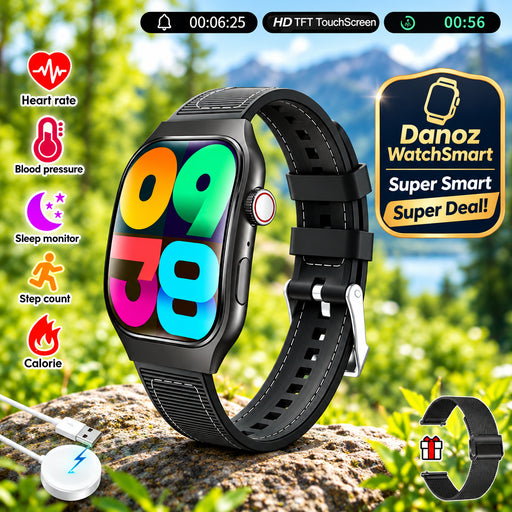 Smartwatch with colorful display and various health monitoring icons on a white background