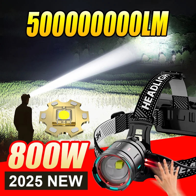 Danoz Lights - High Power 800W LED Headlight 500000000LM Super Bright Zoom Waterproof Headlamp Outdoor Camping Work Hunting Lantern