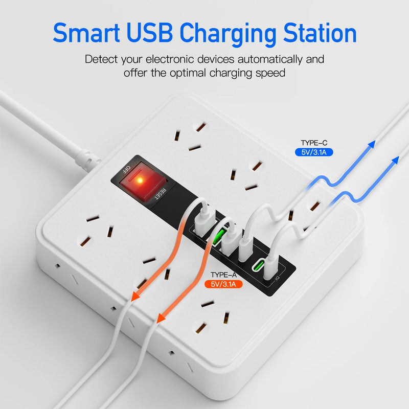 Danoz PowerSmart - The Power Board That Does It ALL! 18 Devices at Once, 12 Outlets + 6 USB Ports, Surge Protected, AU Plug 🔌
