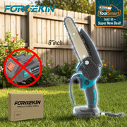 FORGEKIN 6-inch cordless pruning saw with a black and teal handle, shown alongside its cardboard packaging box, a red circle-and-slash graphic indicating no battery is included, and the FORGEKIN brand logo on a white background.