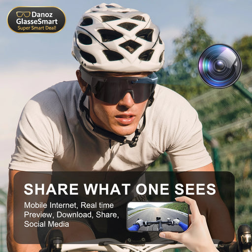 Biker wearing a helmet and sunglasses with a camera lens and smartphone display on a blurred background