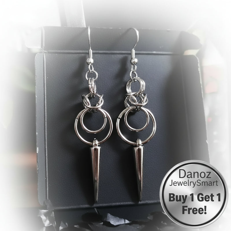 Danoz JewelerySmart - Stainless Steel Gothic Chainmail Double O Ring Spike Earrings | Huggie Hoops | Silver Hoops - Buy 1 Get 1 Free!