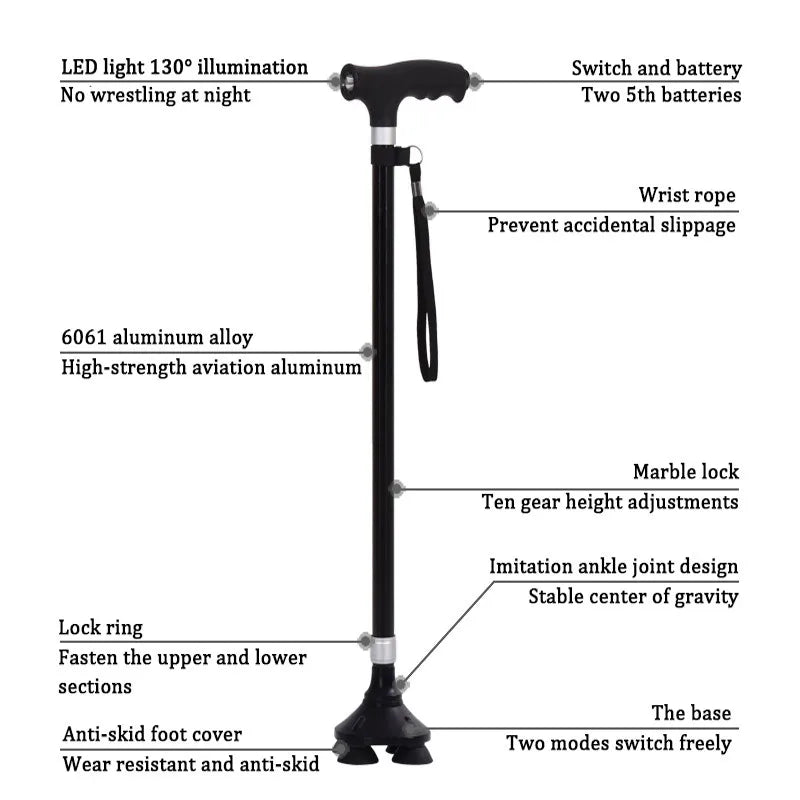 🦴 Danoz AidSmart | Multifunctional LED Walking Cane & Stick | Retractable Aluminium Alloy | 10-Step Adjustable Height | Non-Slip | Anti-Drop Wrist Strap | Perfect Gift for Seniors ❤️✨
