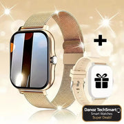 Gold smartwatch with mesh band and gift icon on a sparkling background