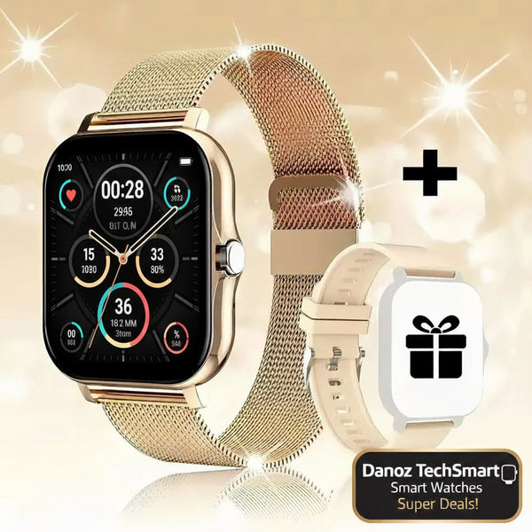 Gold smartwatch with mesh band and gift icon on a sparkling background