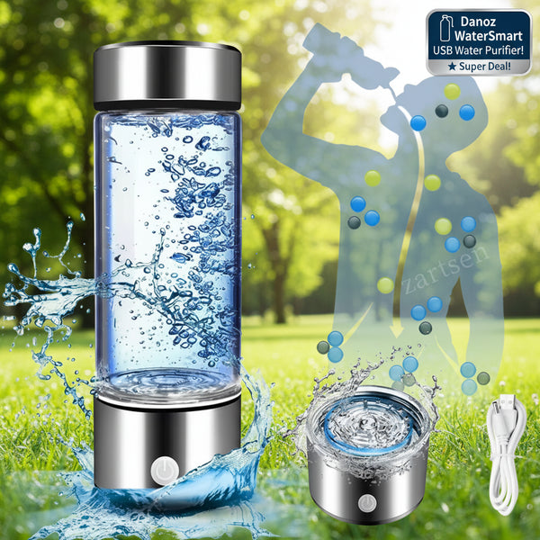 Glass water bottle with silver base and lid, filled with water, surrounded by water splashes and a silhouette of a person drinking water.