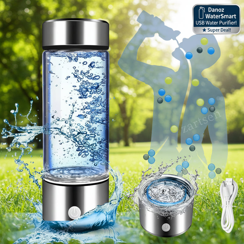 Glass water bottle with silver base and lid, filled with water, surrounded by water splashes and a silhouette of a person drinking water.