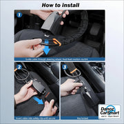 Step-by-step guide on how to install a car seat cover with hands performing each action.