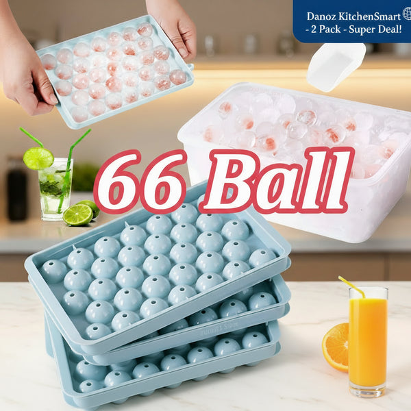 Two light blue silicone ice ball trays shown on a white background, with hands holding one tray in the upper left. Large overlaid text reads '66 Ball' and '2PCS', with small drink props including lime and orange juice.