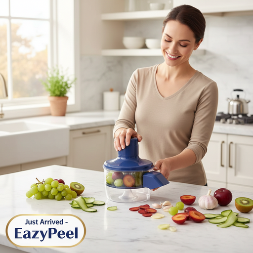 Blue kitchen fruit and vegies peeling machine,  tool with fruits on a countertop, highlighting ease of use and features.