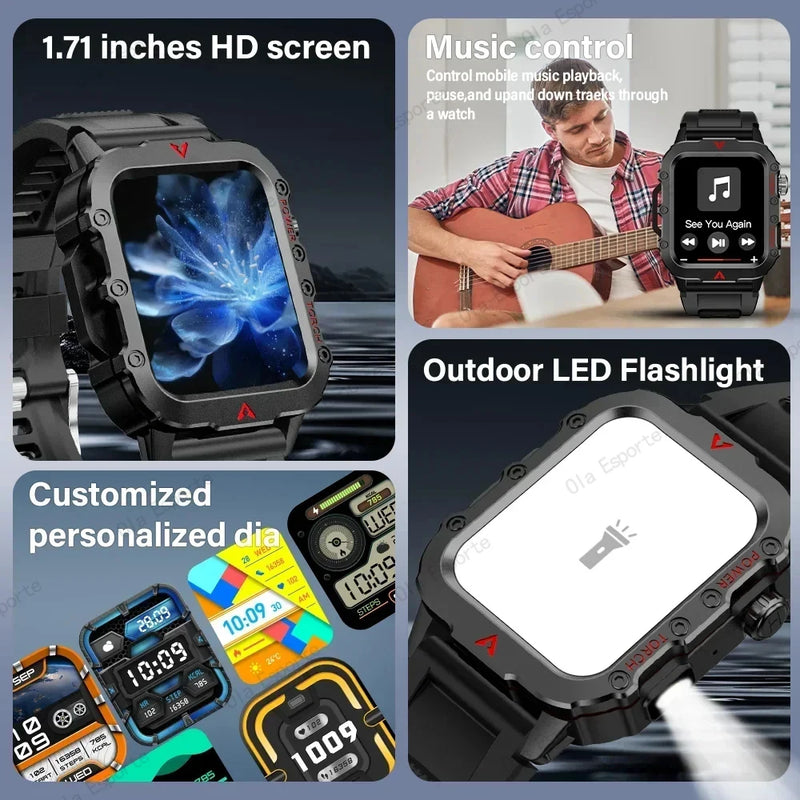 ⌚ Danoz TechSmart | Ola Esporte Military Outdoor Smart Watch | 1.73" HD | LED Flashlight | Bluetooth Calling | Heart Rate SpO2 | Life Waterproof ✨