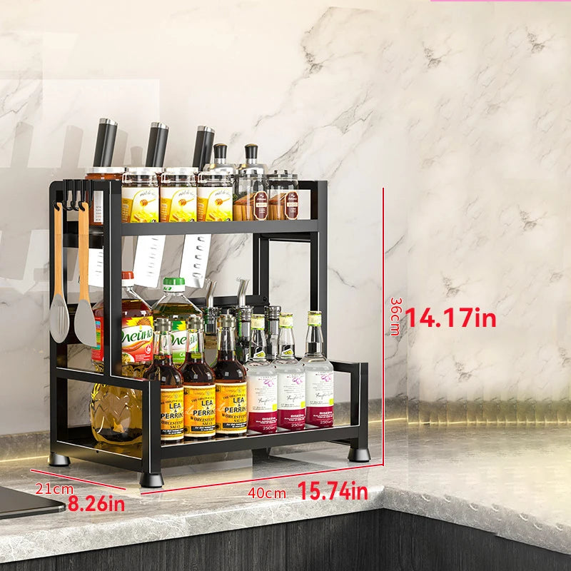 Danoz StoreSmart - 2-3 Tier Adjustable Metal Spice Rack Storage Box, Freestanding Multifunctional Kitchen Storage Rack, with Spice Protection and Fixing Device, Kitchen Organizer and Storage, Sturdy Rack/Hook Structure, Knife