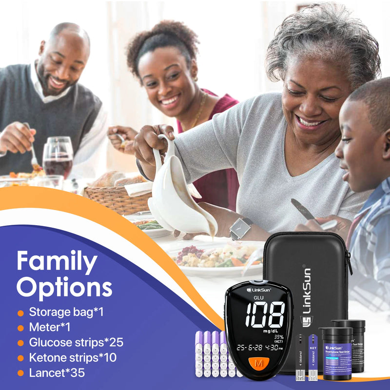 A family meal scene in the background with a LinkSun blood glucose monitor, storage bag, meter, strips, ketone strips, lancets, and product text reading 'Family Options' on a purple and orange graphic overlay.