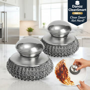 Set of three metal scrubber bowls with a hand cleaning a dish with a burnt residue.