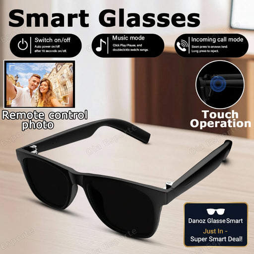 Smart glasses with features like remote control, music mode, and touch operation on a wooden surface.