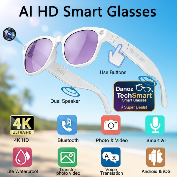 AI HD Smart Glasses with features highlighted on a white background
