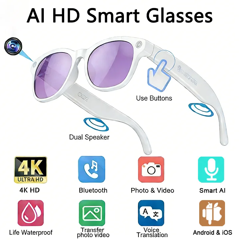 Danoz SmartGlasses - 8K HD AI Smart Glasses 800w Pixel Multifunctional Camera Bluetooth Call Voice Assistant Music Player Smart Translation ﻿