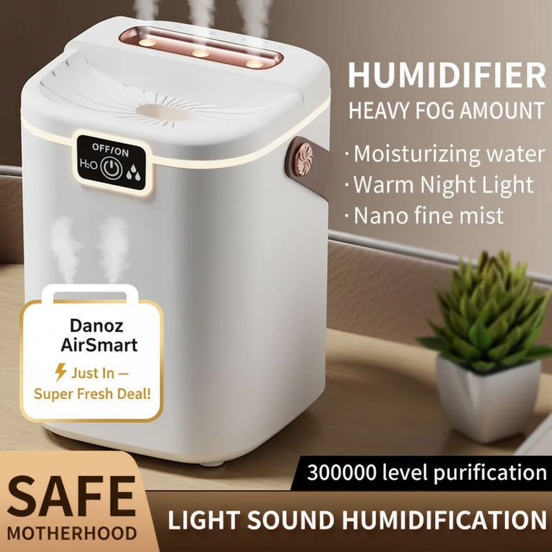 White humidifier with features listed on a neutral background