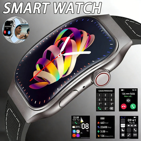 Smartwatch with colorful display and multiple function icons on a dark background