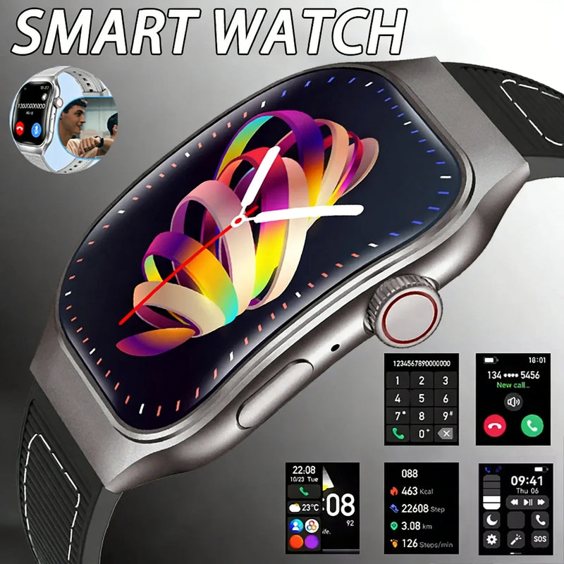 Smartwatch with colorful display and multiple function icons on a dark background