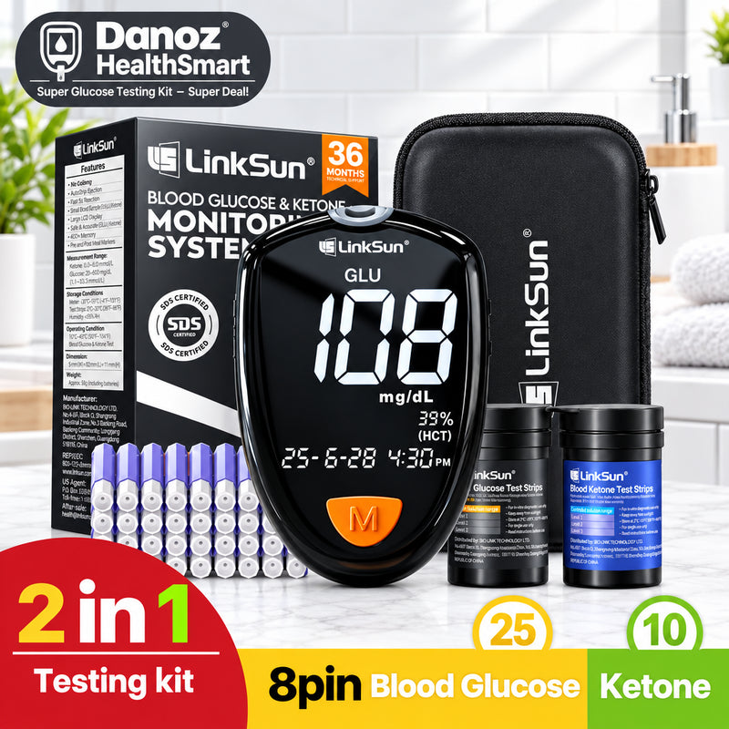 LinkSun 2-in-1 blood glucose monitor and ketone test strip kit, featuring a black 8-pin blood glucose meter, a black carrying case, a box of blood glucose test strips, two small bottles of reagents, and multiple blood glucose test strips, with promotional text overlays.