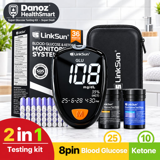 LinkSun 2-in-1 blood glucose monitor and ketone test strip kit, featuring a black 8-pin blood glucose meter, a black carrying case, a box of blood glucose test strips, two small bottles of reagents, and multiple blood glucose test strips, with promotional text overlays.