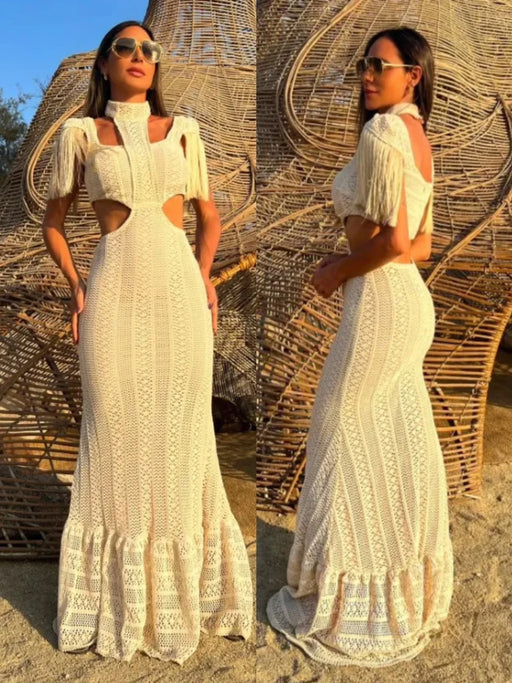 Experience Magic of Danoz Wow Fashion with a Sexy White Lace Women Dress! Designed with Turtleneck, Tassel sleeves + Slim naked Waist