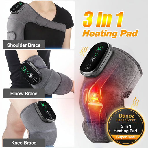 3-in-1 heating pad with shoulder, elbow, and knee braces on a white background.