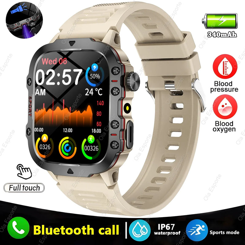 Smartwatch with beige band displaying various functions on a white background