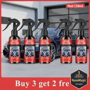 Set of six nano coating spray bottles with promotional text on a white background