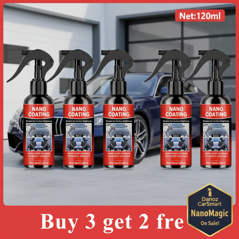 Set of six nano coating spray bottles with promotional text on a white background