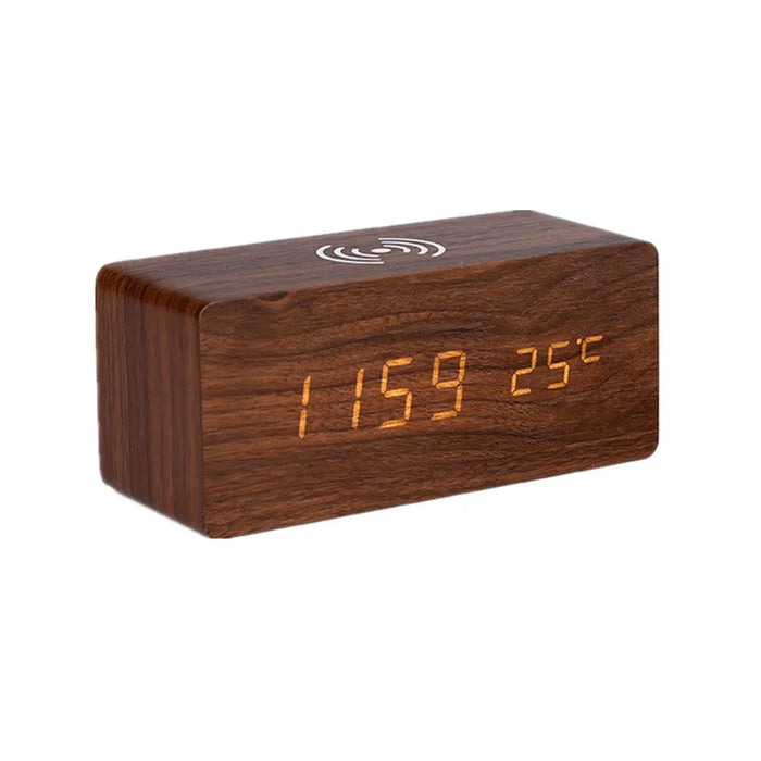 Danoz Exclusive - Digital Alarm Clock Wooden Temperature And Humidity Alarm Clock LED Electronic Clock Smartphone Wireless Charger