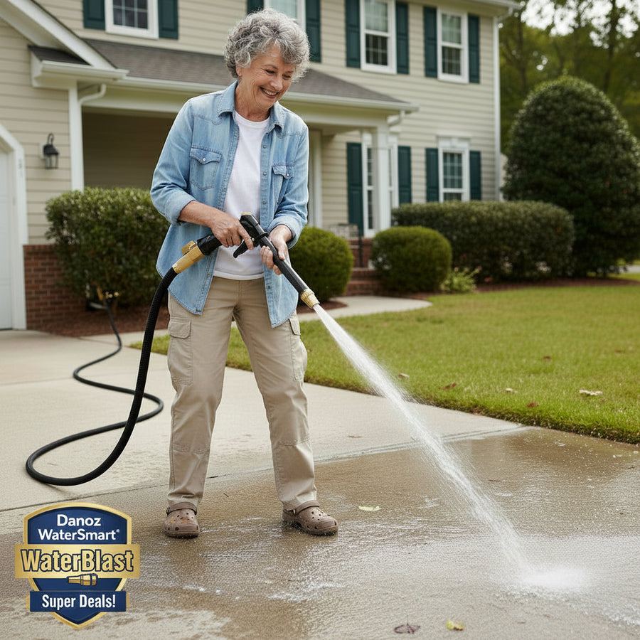 Woman using a pressure washer on a driveway in front of a house