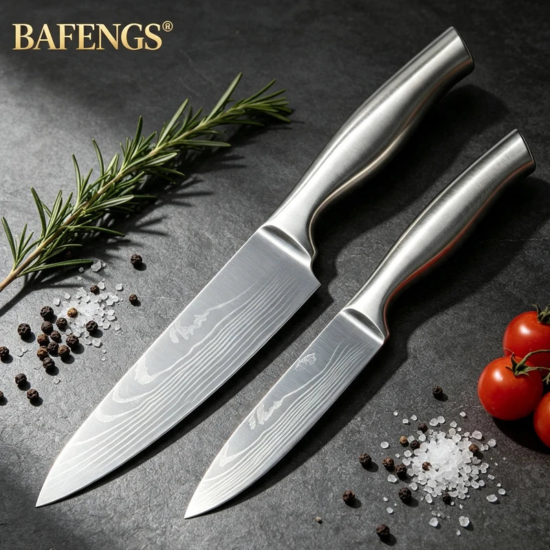 🔪 Danoz KnifeSmart | BAFENGS Professional Knife Set | Full Stainless Steel | Damascus Laser Pattern | Chef, Santoku, Bread & Utility | 2–5 Piece Options | Free Postage!