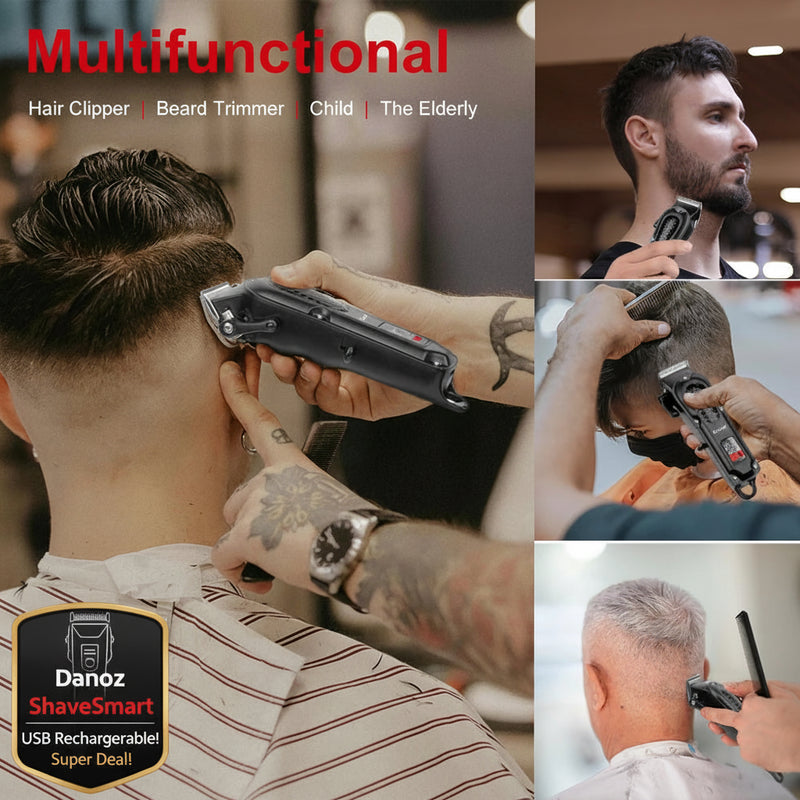 Multifunctional hair clipper being used on a man, child, and elderly person with text indicating its use for various groups.