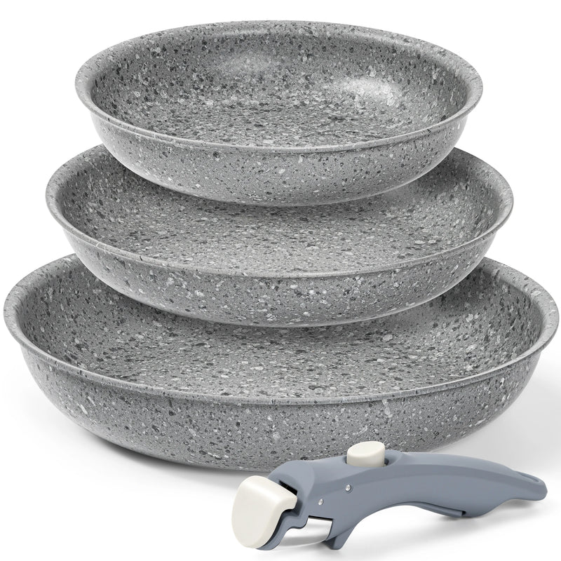 Danoz Cookware - DuraStone Nonstick Frying Pan Set, 8" 9.5" and 11" Fry Pans with Removable Handle, Ultra Non Stick Granite Coating Skillet - Free Postage