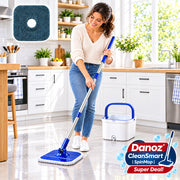 A white and blue spin-dry mop bucket set with a long silver handle and a blue mop head, shown on a white background with a square close-up inset of the mop head texture in the upper left.