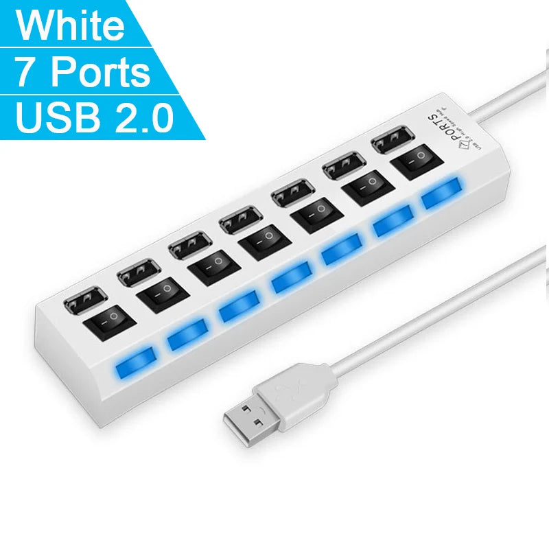 Danoz Smart - High Speed 4/7 Ports USB HUB 2.0 Adapter Expander Multi USB Splitter Multiple Extender with LED Lamp Switch for PC Laptop - Buy 1 Get 1 Free!
