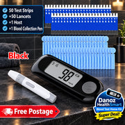 Glycemic monitoring kit with test strips, lancets, host, and blood collection pen on a white background.