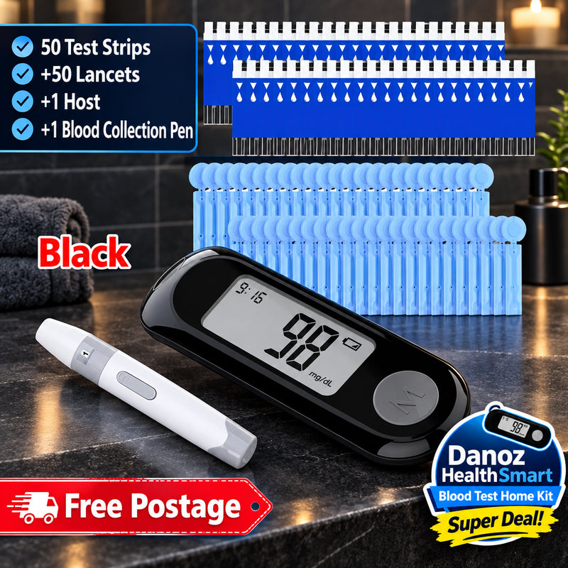 Glycemic monitoring kit with test strips, lancets, host, and blood collection pen on a white background.