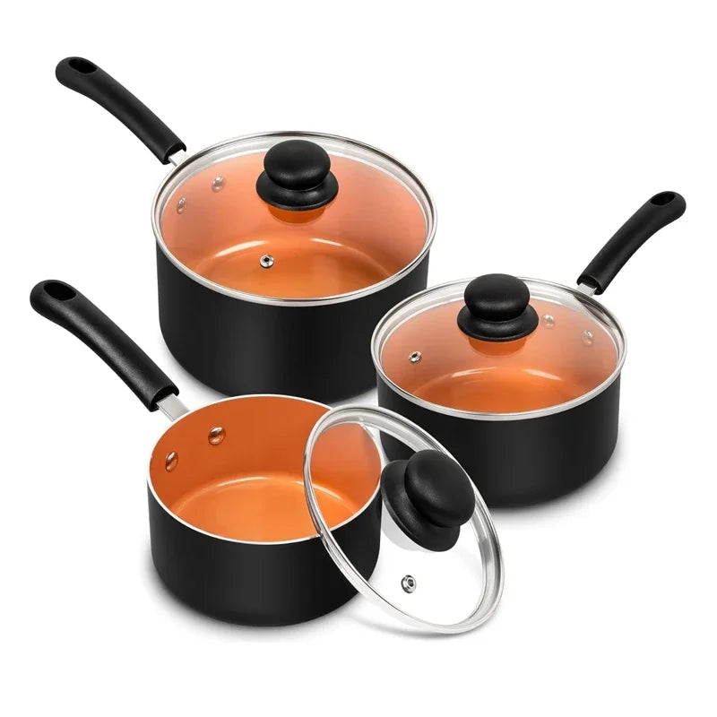Danoz CookSmart CopperChef MICHELANGELO Ceramic Saucepan Set 3Pcs 1.5QT/2QT/3QT Nonstick Sauce Pans with Lids Multipurpose Pots!