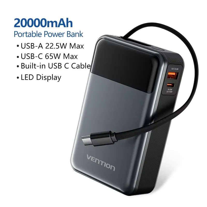 ⚡ Danoz PowerSmart | Vention 65W Power Bank | 20000mAh | Built-in Retractable USB-C Cable | 3-Port | Digital Display | Laptop & iPhone 17 | CE/FCC/UL