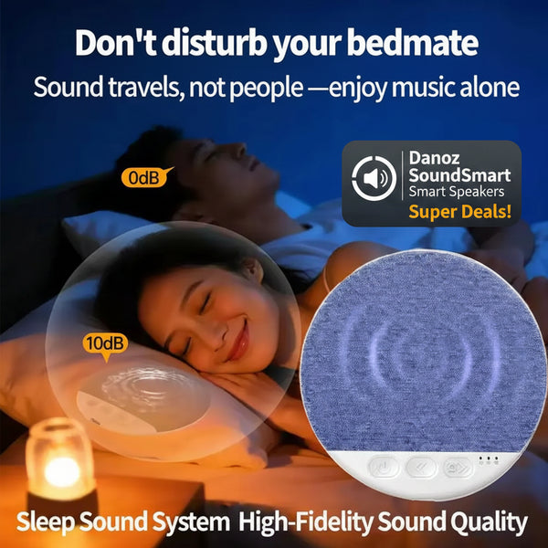 Person sleeping with a sound machine, text 'Don't disturb your bedmate', and close-up of sound waves.